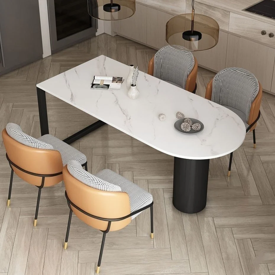 Tavolo da cucina per sala da pranzo con piano pietra bianca Tavolo da pranzo moderno con base metallo Clearhalo