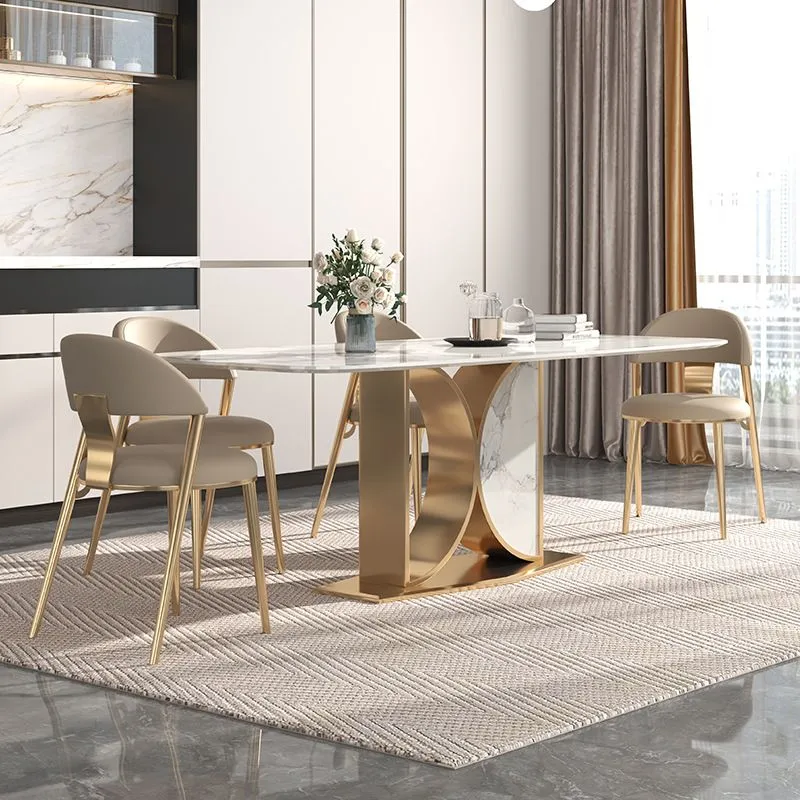 Tavolo Glam Rettangolare Tavolo Pietra Sinterizzata con Gambe Metallo per la Casa Clearhalo