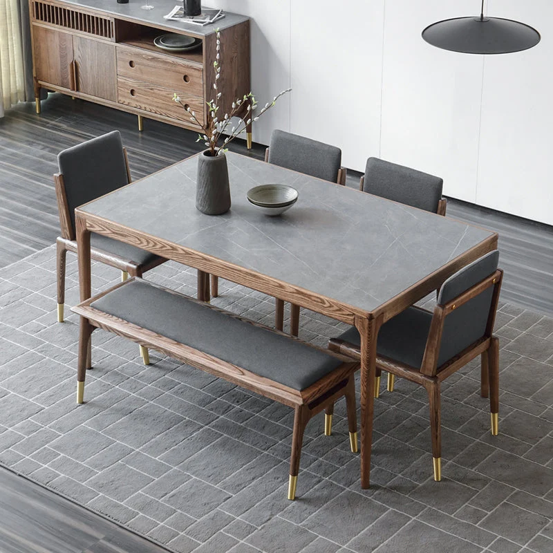 Tavolo medievale moderno pietra sinterizzata Tavolo rettangolare con base legno e 4 gambe Clearhalo