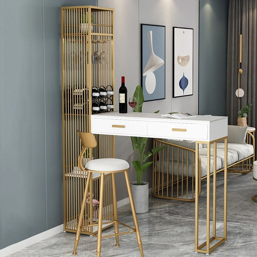 Tavolo da pranzo da bar moderno acciaio 2 cassetti, tavolo da bistrò per interni con piano pietra bianca e portabottiglie...