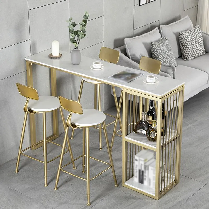 Tavolo da pranzo da bar rettangolare Glam Tavolo da bistrò per interni ferro con piano finto marmo bianco con ripiano Clea...