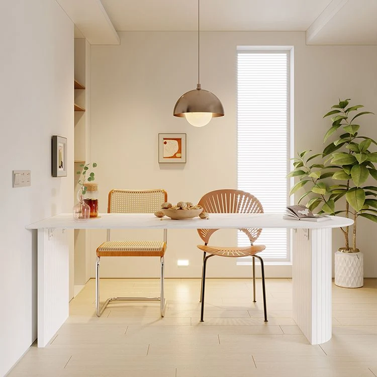 Tavolo da pranzo bianco con doppio piedistallo Tavolo da pranzo moderno con piano pietra Clearhalo