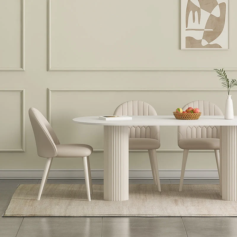 Tavolo da pranzo bianco contemporaneo ovale pietra con doppio piedistallo Clearhalo