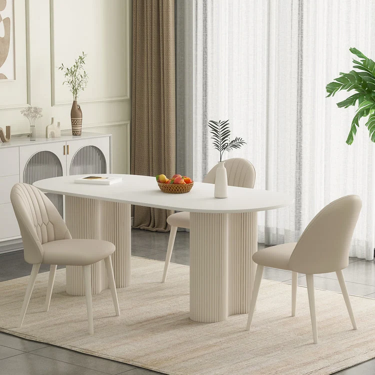 Tavolo da pranzo bianco contemporaneo ovale pietra con doppio piedistallo Clearhalo