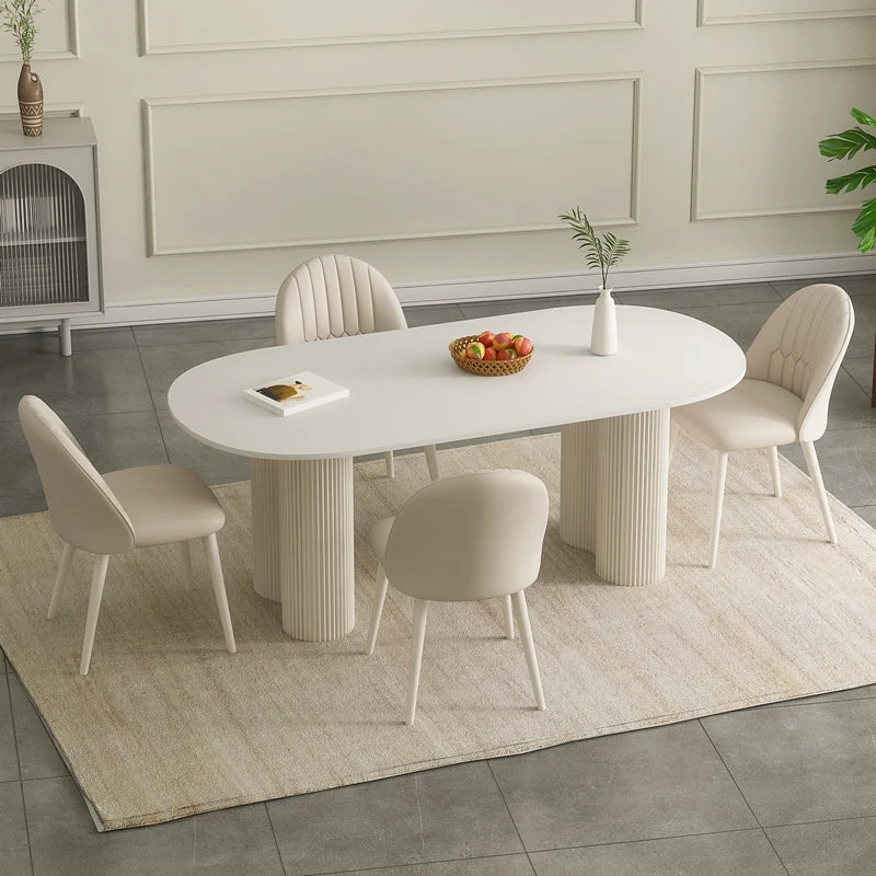 Tavolo da pranzo bianco contemporaneo ovale pietra con doppio piedistallo Clearhalo
