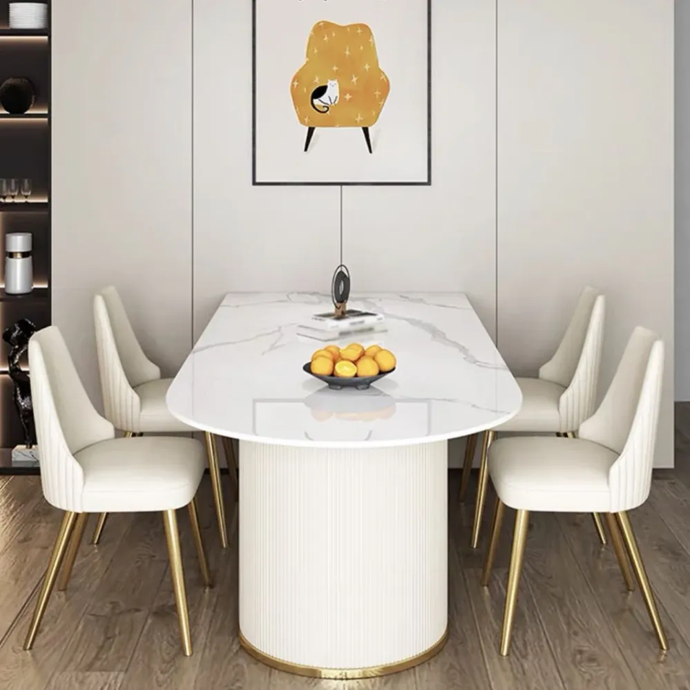 Tavolo da pranzo bianco forma libera Tavolo pietra sinterizzata di lusso con doppio piedistallo Clearhalo