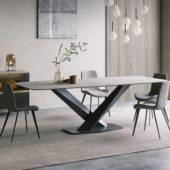 Tavolo da pranzo casual con piedistallo moderno Tavolo da cucina per sala da pranzo pietra e metallo Clearhalo