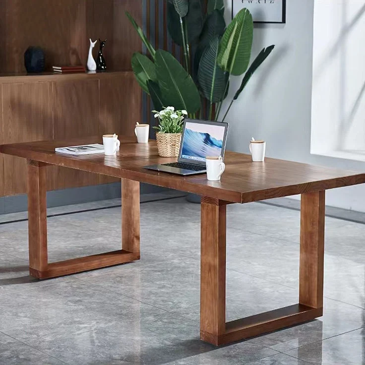Tavolo da pranzo con piano legno massello Tavolo rettangolare moderno con base slitta Clearhalo