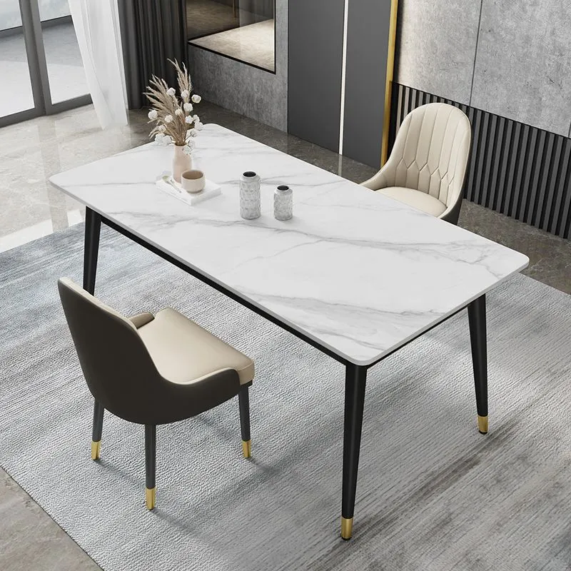Tavolo da pranzo con piano pietra stile Glam Tavolo da pranzo rettangolare con 4 gambe metallo Clearhalo