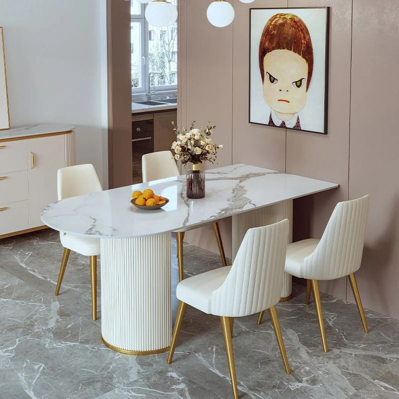 Tavolo da pranzo con piano pietra Tavolo da pranzo moderno con base slitta bianco Clearhalo