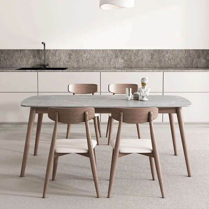 Tavolo da pranzo della metà del secolo Tavolo da pranzo con piano pietra e base legno massello Clearhalo