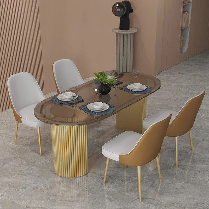 Tavolo da pranzo fisso di forma ovale Tavolo doppio piedistallo di lusso per sala da pranzo Clearhalo