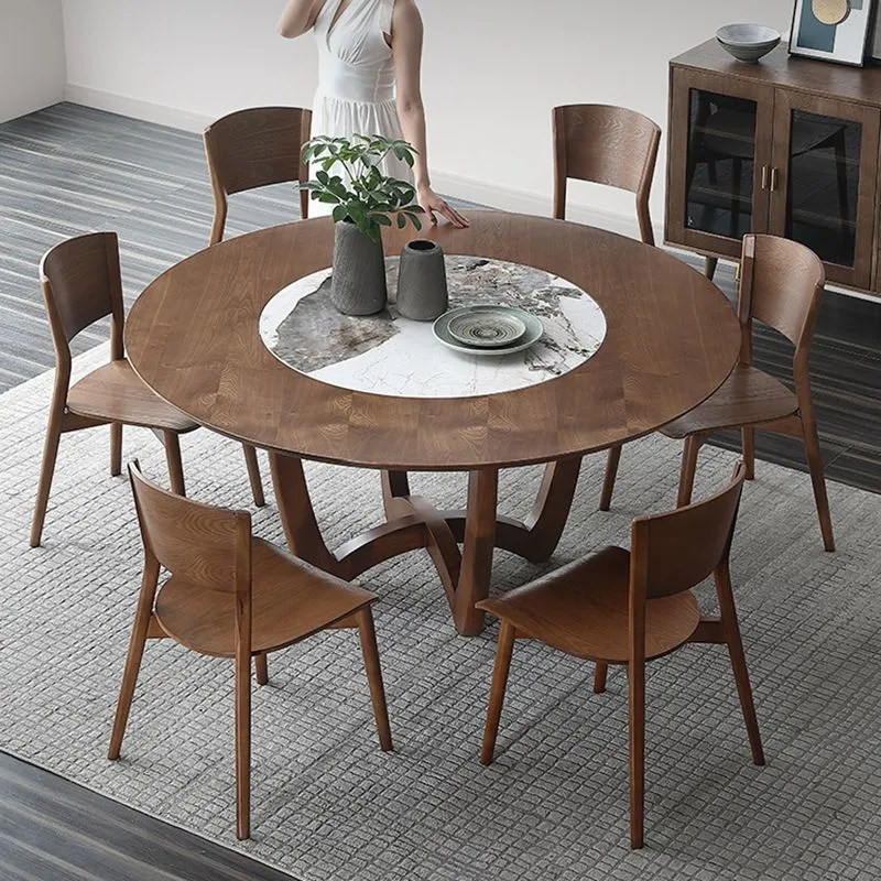Tavolo da pranzo girevole legno massello marrone con base piedistallo per la casa Clearhalo