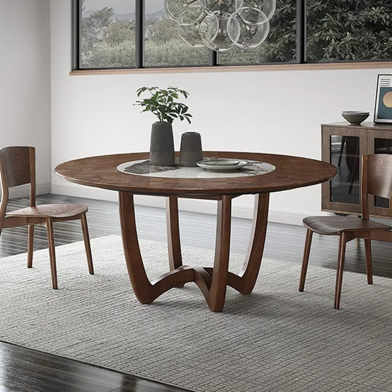 Tavolo da pranzo girevole legno massello marrone con base piedistallo per la casa Clearhalo