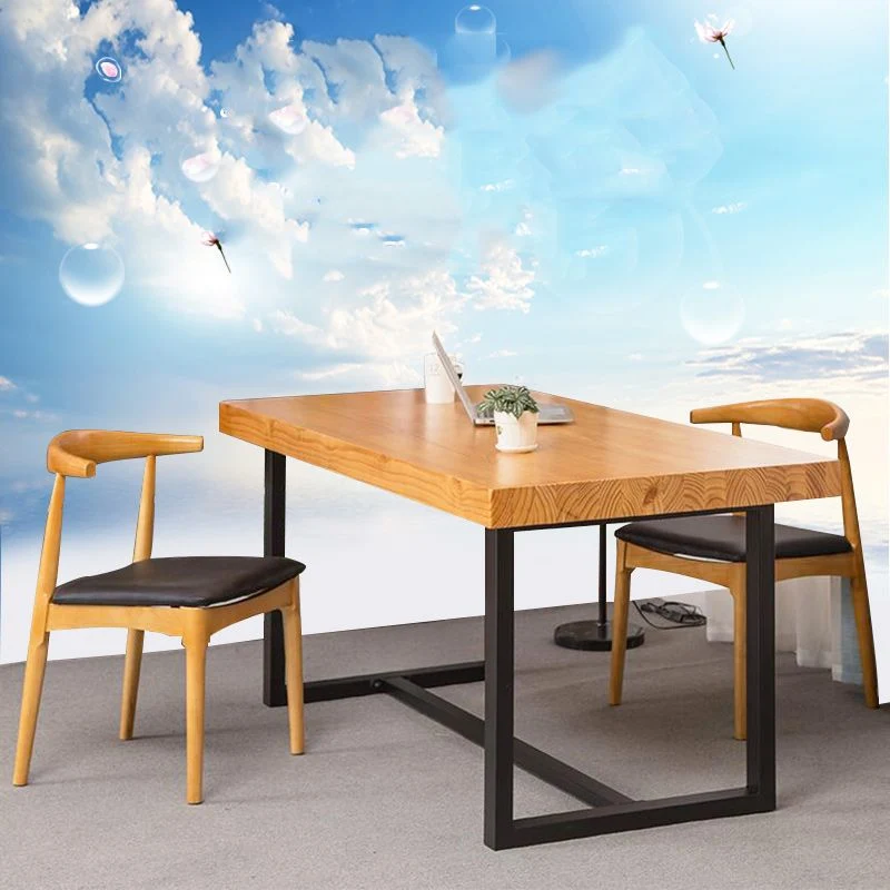 Tavolo da pranzo industriale con base cavalletto Tavolo da pranzo naturale e nero con piano legno Clearhalo