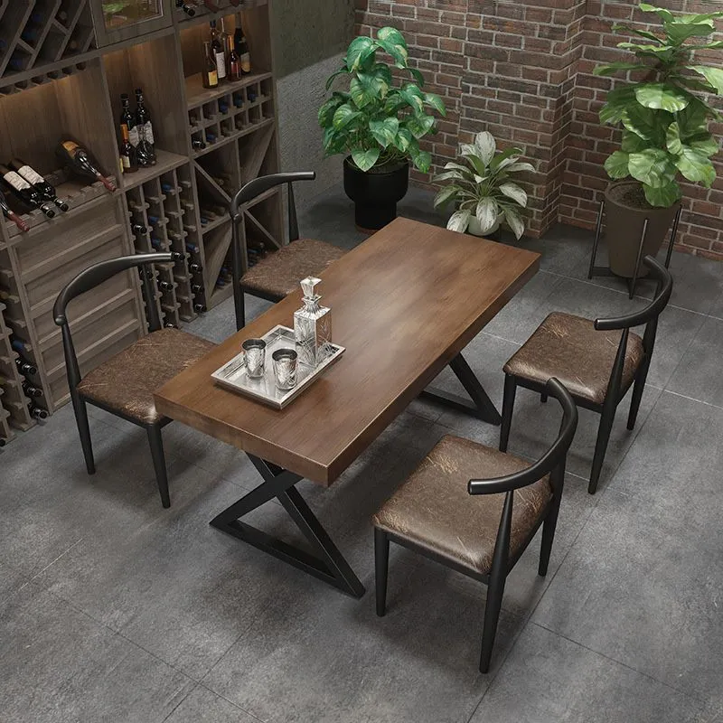 Tavolo da pranzo industriale rettangolare Tavolo da pranzo con piano legno massello di pino con doppio piedistallo Clearhalo