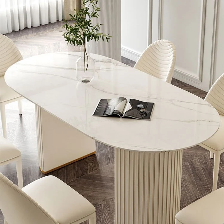 Tavolo da pranzo di lusso con doppio piedistallo, scrivania da cucina ovale pietra sinterizzata Clearhalo