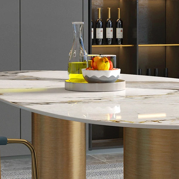 Tavolo da pranzo di lusso con piano pietra sinterizzata Tavolo rettangolare con 3 gambe oro Clearhalo