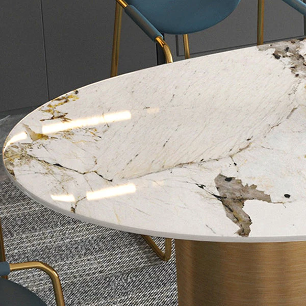 Tavolo da pranzo di lusso con piano pietra sinterizzata Tavolo rettangolare con 3 gambe oro Clearhalo