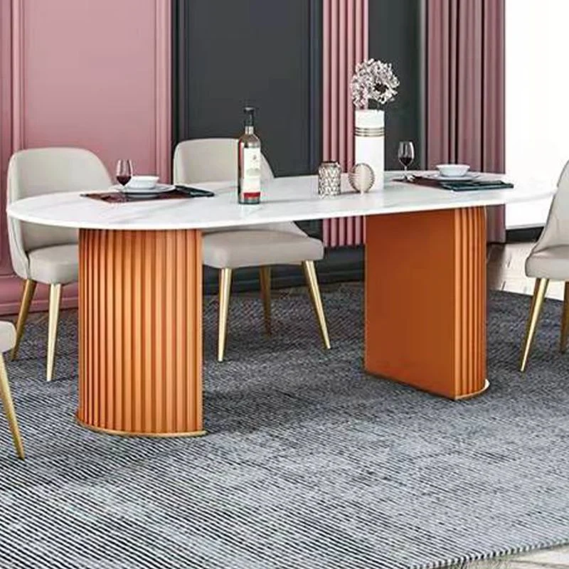 Tavolo da pranzo di lusso con piano pietra sinterizzata Tavolo ovale con doppio piedistallo per ristorante Clearhalo