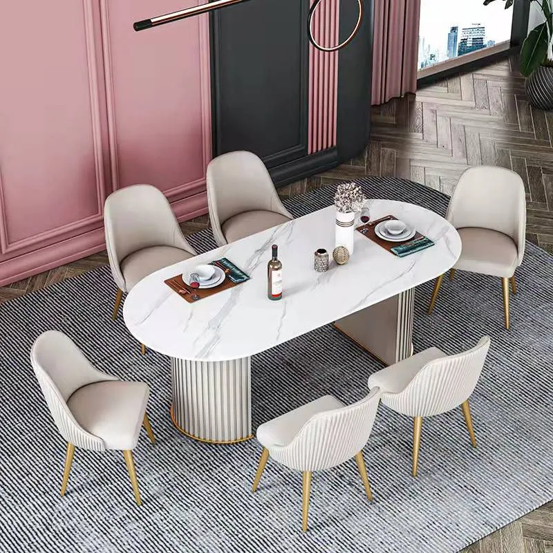 Tavolo da pranzo di lusso con piano pietra sinterizzata Tavolo ovale con doppio piedistallo per ristorante Clearhalo