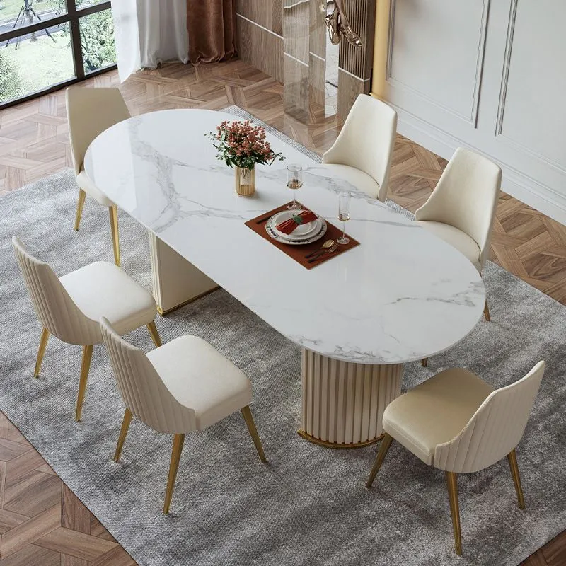 Tavolo da pranzo di lusso pietra sinterizzata Tavolo ovale bianco con doppio piedistallo Clearhalo
