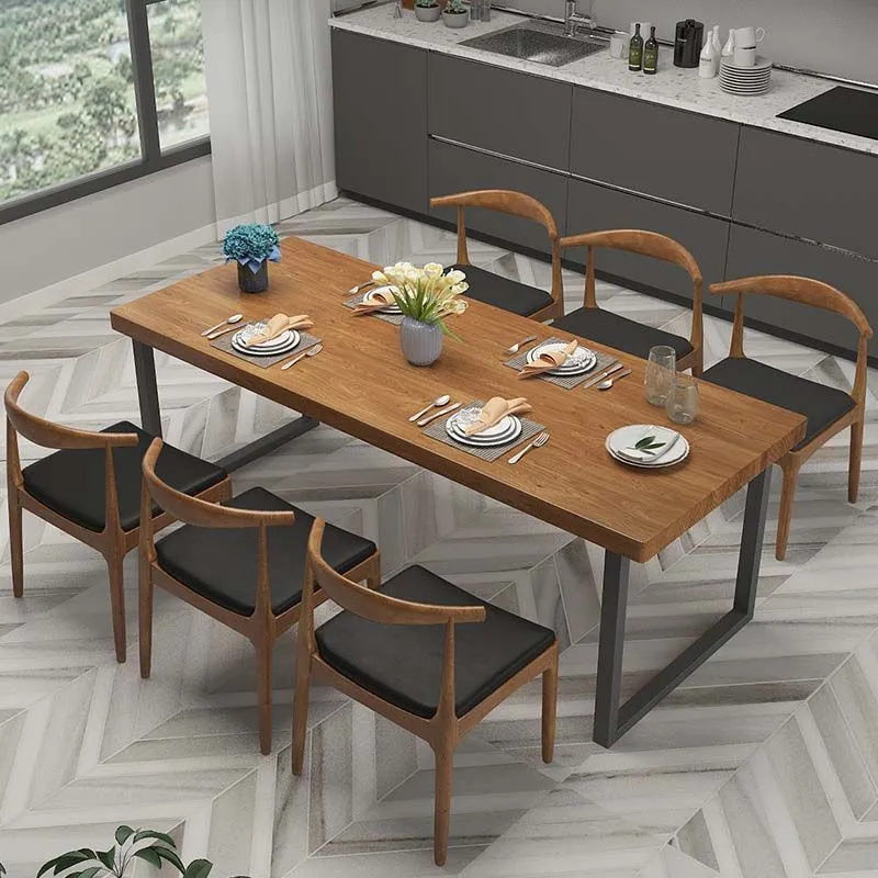 Tavolo da pranzo marrone con tavolo da pranzo industriale con piano legno massello e struttura metallo Clearhalo