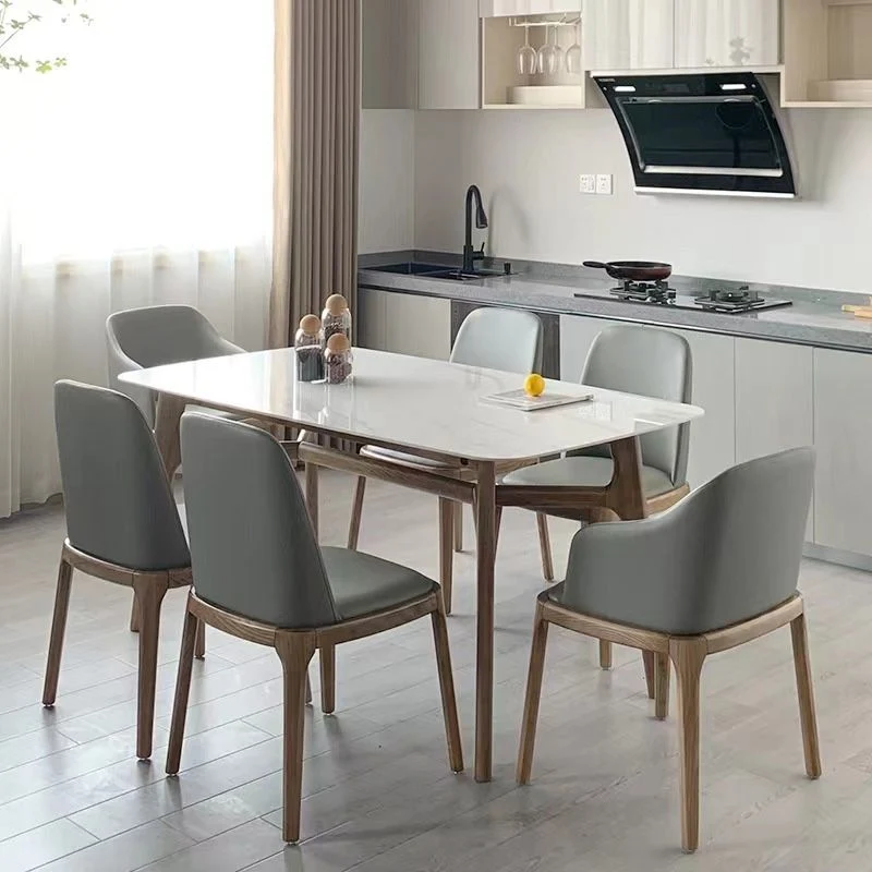 Tavolo da pranzo Mid-Century con tavolo da dinette con piano pietra e struttura legno marrone Clearhalo