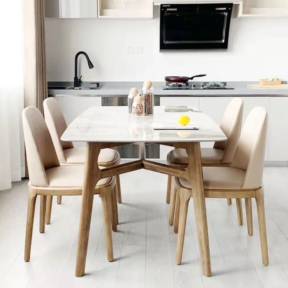 Tavolo da pranzo Mid-Century con tavolo da dinette con piano pietra e struttura legno marrone Clearhalo