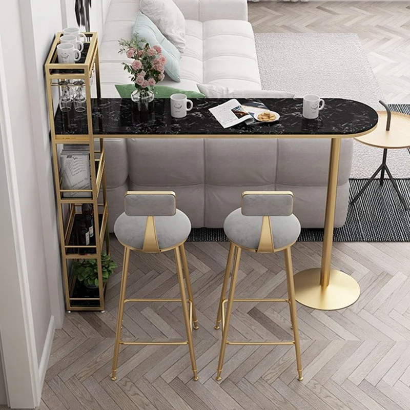 Tavolo da pranzo moderno da bar ferro, tavolo da bistrò per interni con piano finto marmo e portabottiglie Clearhalo