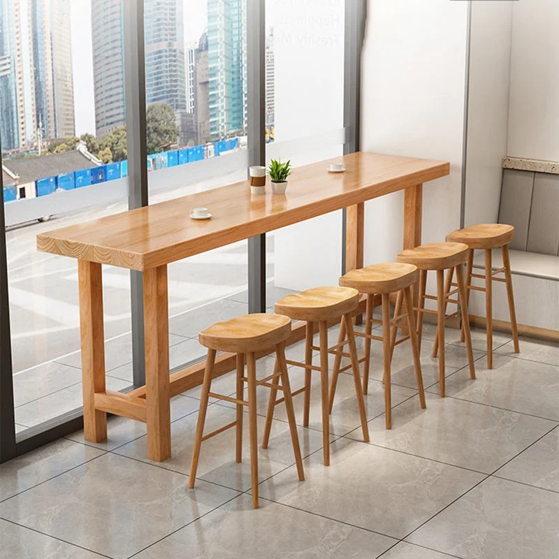 Tavolo da pranzo moderno da bar rettangolare beige, tavolo da bistrot per interni legno di pino con poggiapiedi Clearhalo