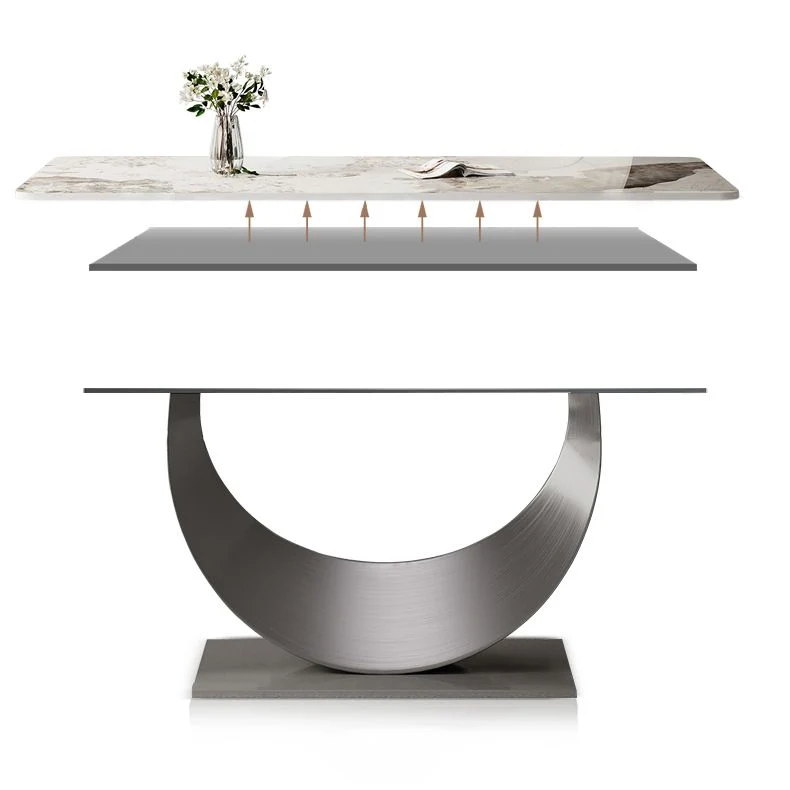 Tavolo da pranzo moderno con base metallo e piano pietra sinterizzata con sedie Clearhalo