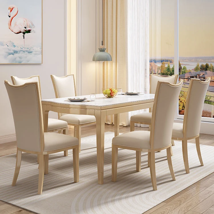 Tavolo da pranzo moderno con piano pietra bianca e gambe legno massello per soggiorno Clearhalo