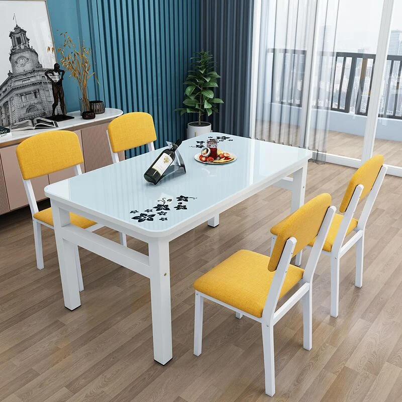 Tavolo da pranzo moderno con piano vetro rettangolare bianco con 4 piedi Clearhalo