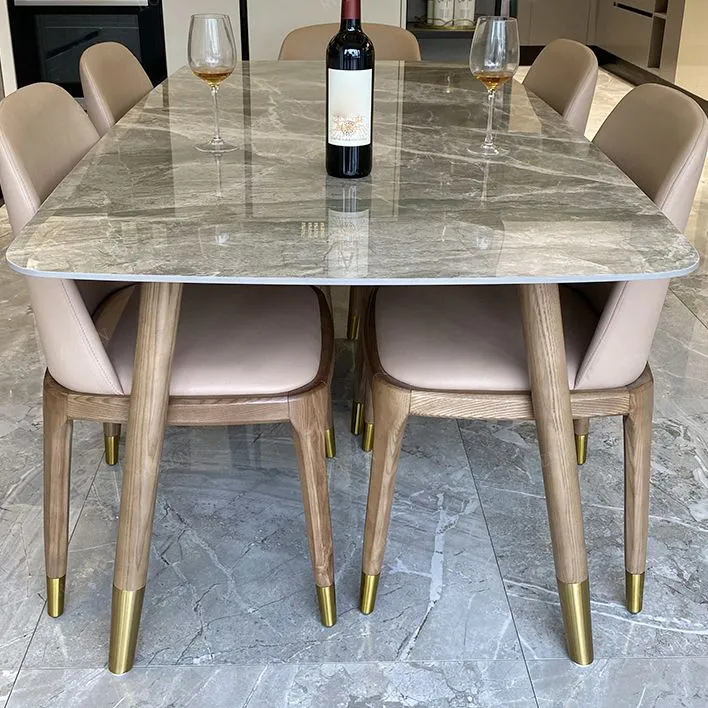 Tavolo da pranzo moderno Mid-Century grigio Tavolo da pranzo con base legno e piano pietra Clearhalo