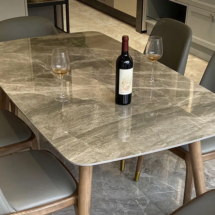 Tavolo da pranzo moderno Mid-Century grigio Tavolo da pranzo con base legno e piano pietra Clearhalo