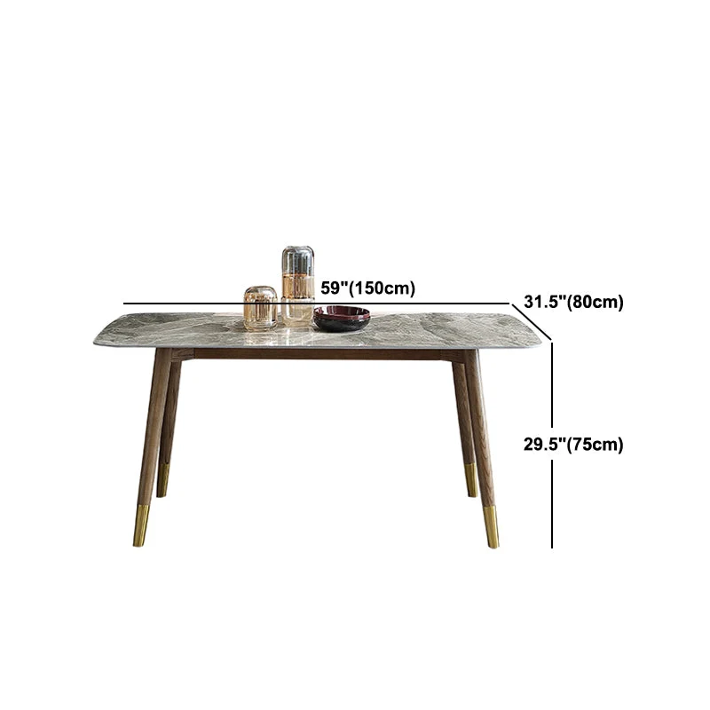 Tavolo da pranzo moderno Mid-Century grigio Tavolo da pranzo con base legno e piano pietra Clearhalo
