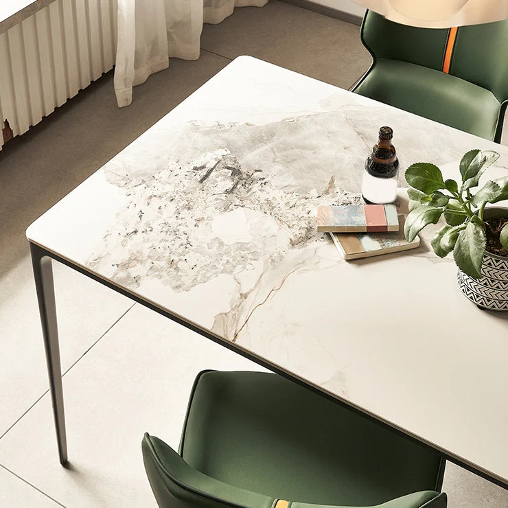 Tavolo da pranzo moderno e minimalista con piano pietra bianca e base nera con base 4 gambe Clearhalo