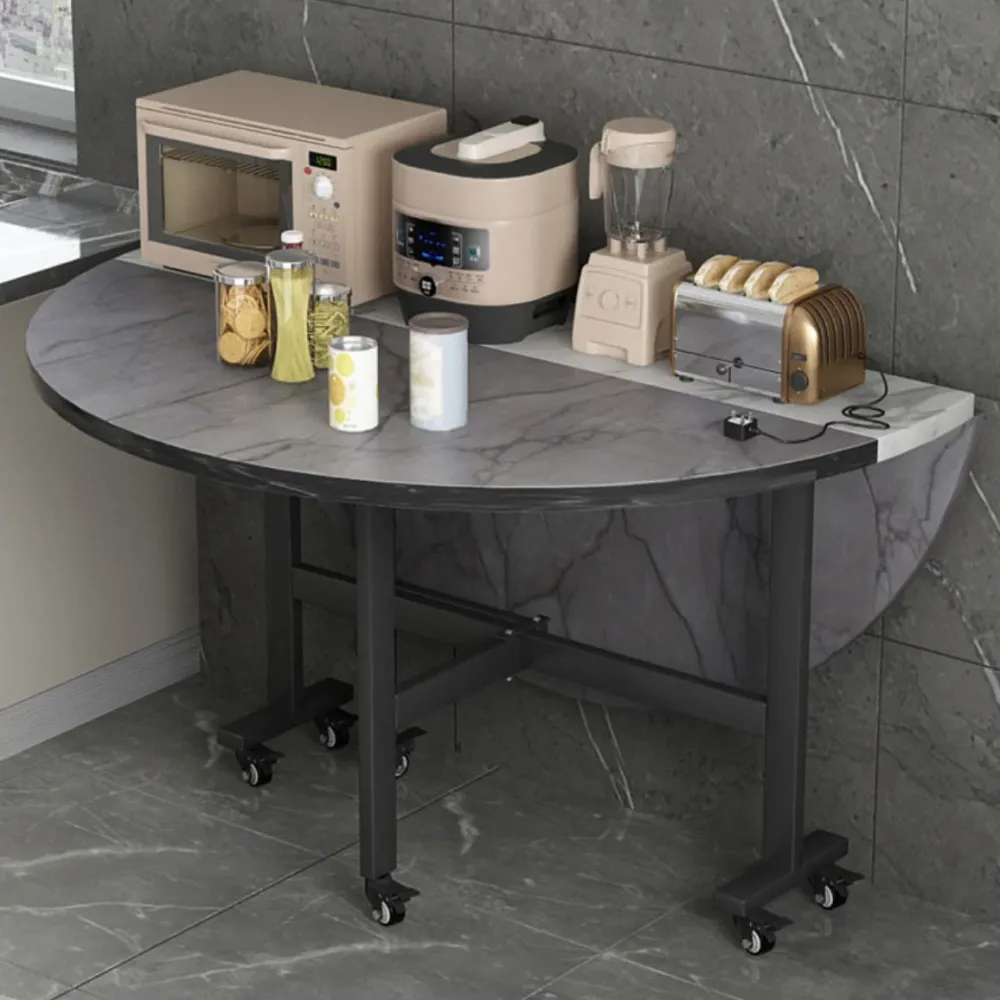Tavolo da pranzo moderno pieghevole, piano rotondo legno grigio con base su cavalletto metallo Clearhalo