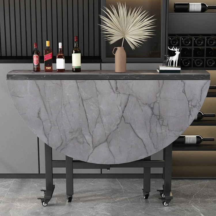Tavolo da pranzo moderno pieghevole, piano rotondo legno grigio con base su cavalletto metallo Clearhalo