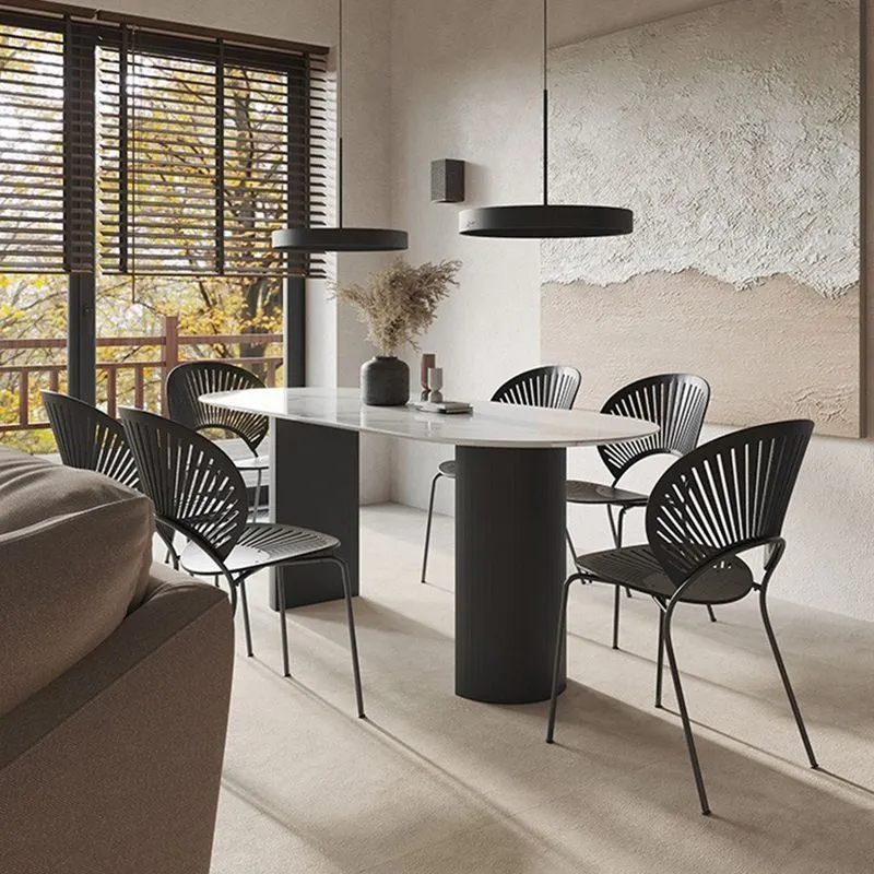 Tavolo da pranzo moderno pietra sinterizzata, scrivania da cucina con doppio piedistallo di forma ovale Clearhalo