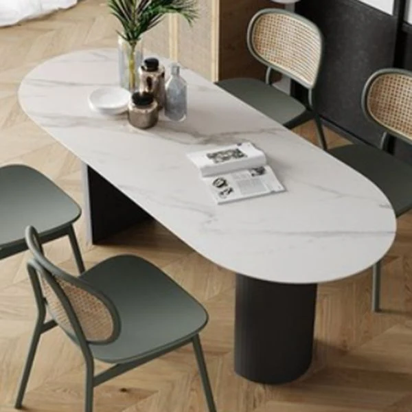 Tavolo da pranzo moderno pietra sinterizzata, scrivania da cucina con doppio piedistallo di forma ovale Clearhalo