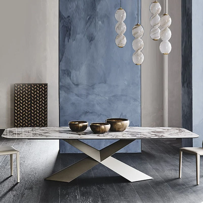 Tavolo da pranzo moderno rettangolare con base metallo con piano pietra grigia per cucina Clearhalo