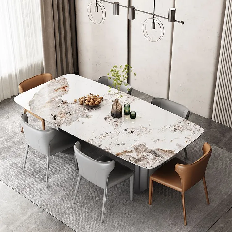 Tavolo da pranzo moderno rettangolare con piano pietra e base metallo con doppio piedistallo Clearhalo