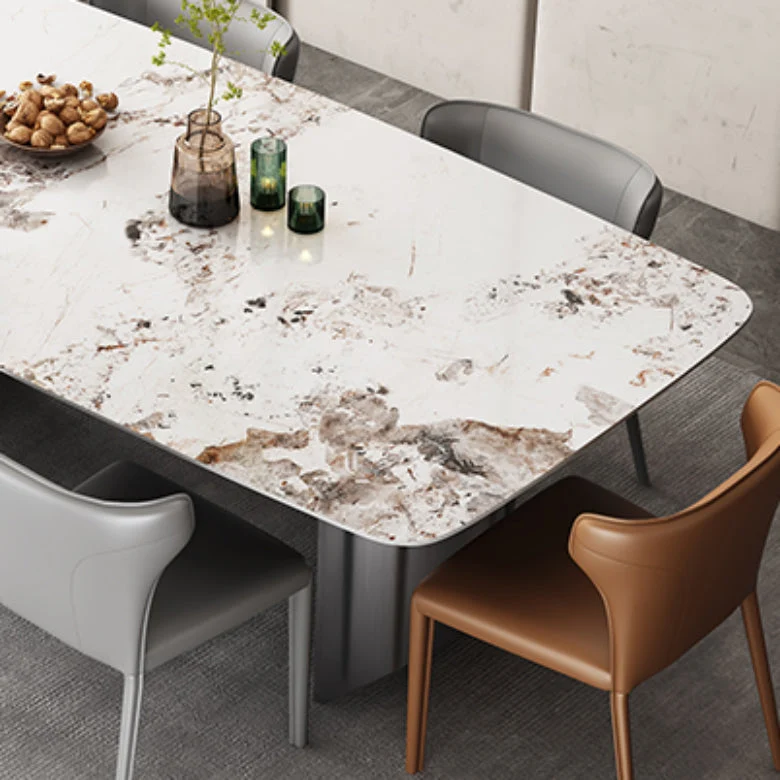 Tavolo da pranzo moderno rettangolare con piano pietra e base metallo con doppio piedistallo Clearhalo