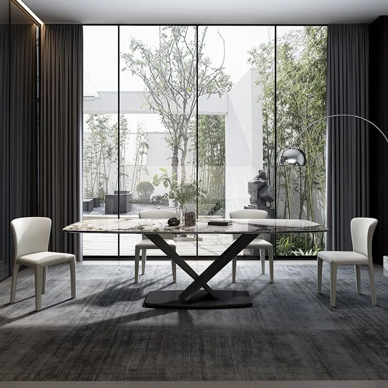 Tavolo da pranzo moderno rettangolare con piano bianco e base X metallo nero Clearhalo