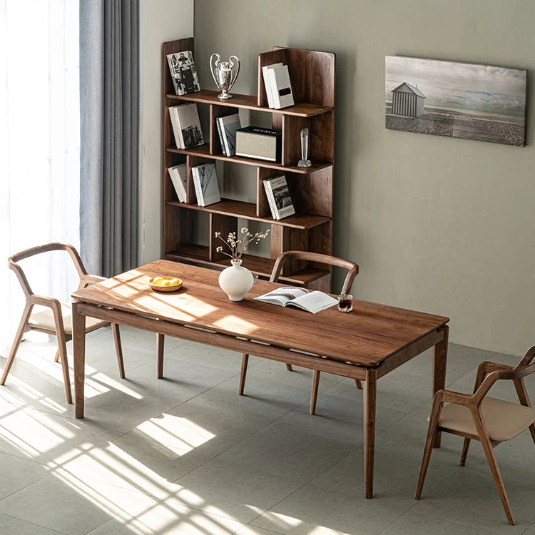 Tavolo da pranzo moderno rettangolare con piano legno massello marrone per soggiorno Clearhalo