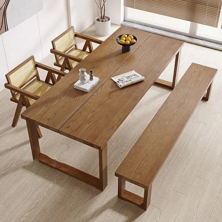Tavolo da pranzo moderno rettangolare legno massello marrone con base doppio piedistallo Clearhalo