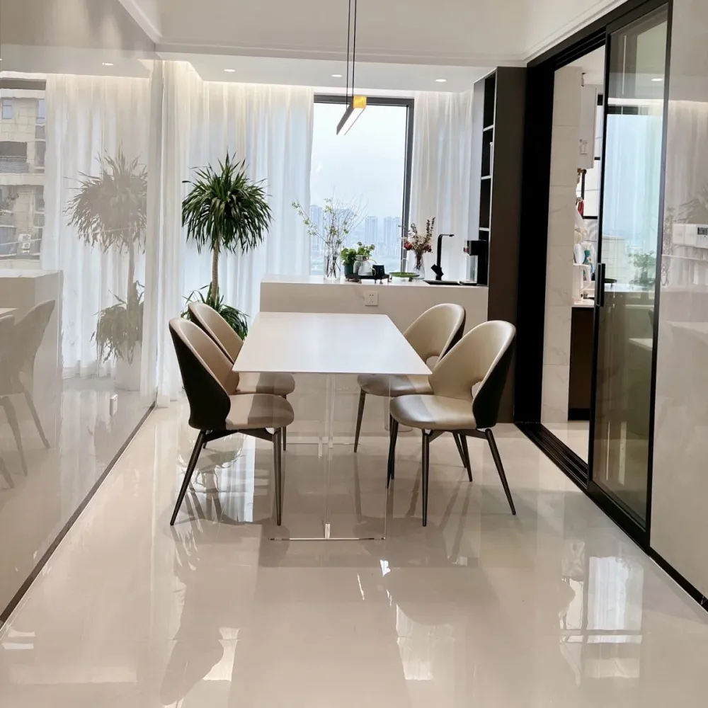 Tavolo da pranzo moderno rettangolare pietra bianca con base acrilico Clearhalo