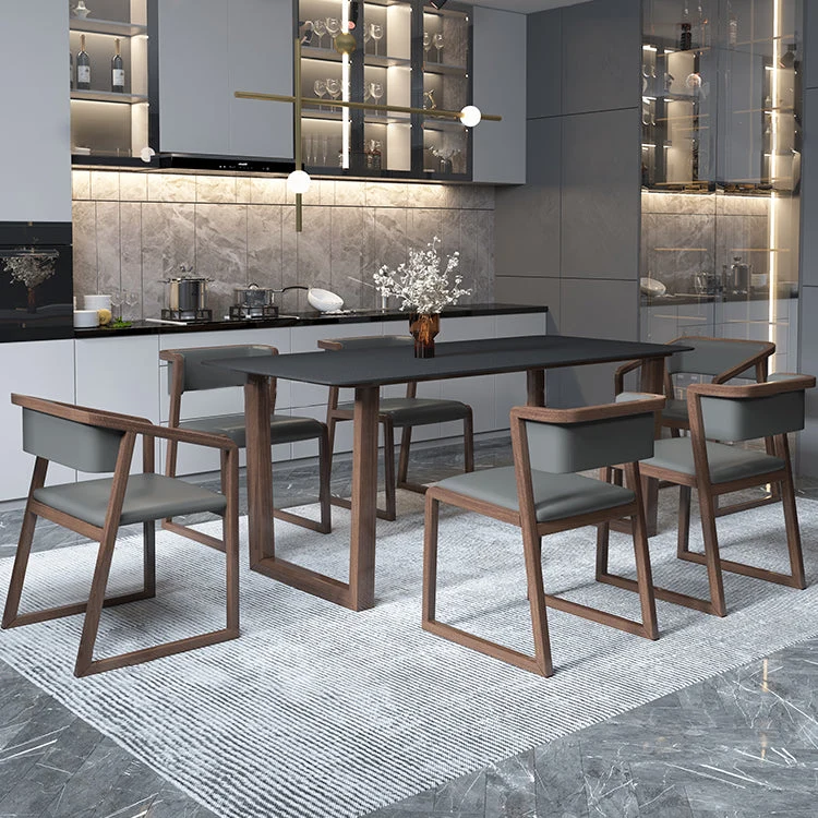 Tavolo da pranzo moderno rettangolare pietra con base legno massello per sala da pranzo Clearhalo